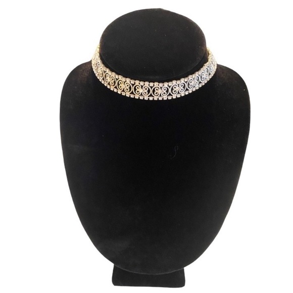 Vintage Carolee Silver Toned and Rhinestone Scroll Choker Necklace - Picture 2 of 4